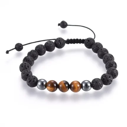 Pulseira em Pedra de Lava natural, Olho de Tigre Natural e Hematite Sintética